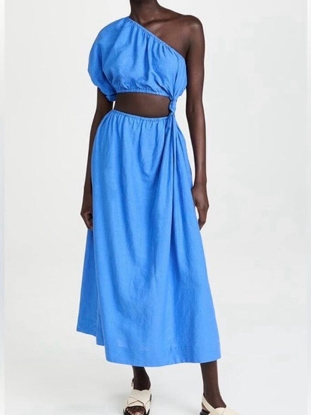 FARM Rio Linen Blue One-Shoulder Cutout Maxi dress